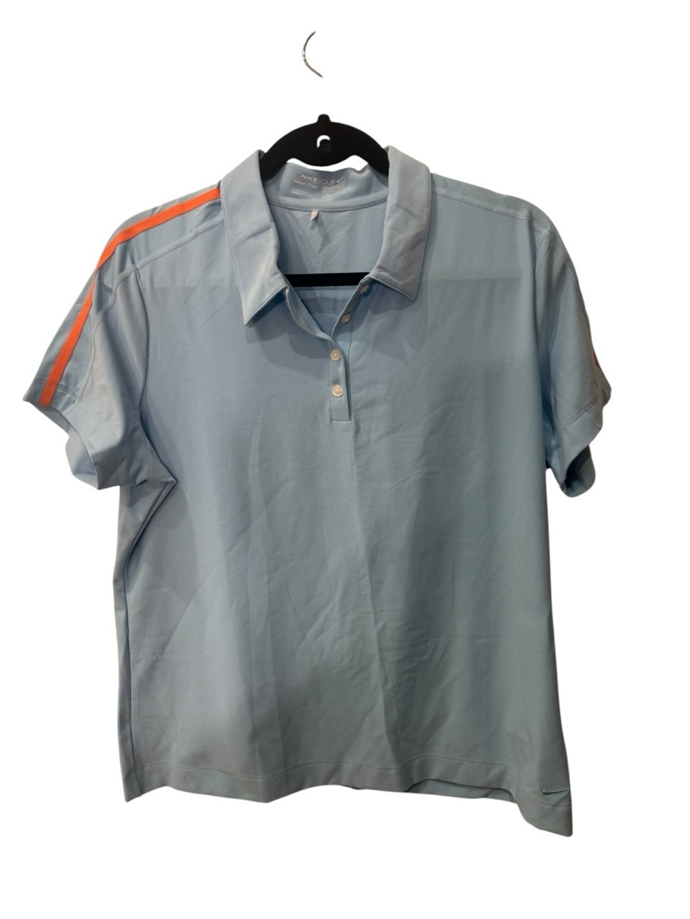 Nike women’s Golf Dri-FIT blue polo shirt with orange sleeve trim size XL